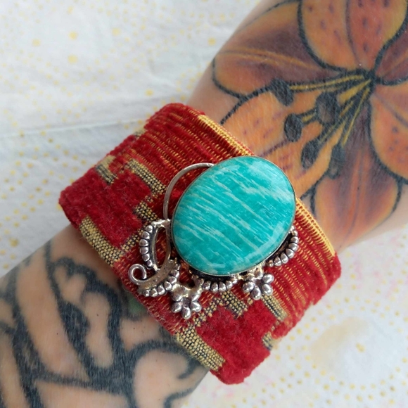 ❤ Artisan Amazonite Gemstone Kilim Cuff Bracelet, Real Silver! - Picture 2 of 13
